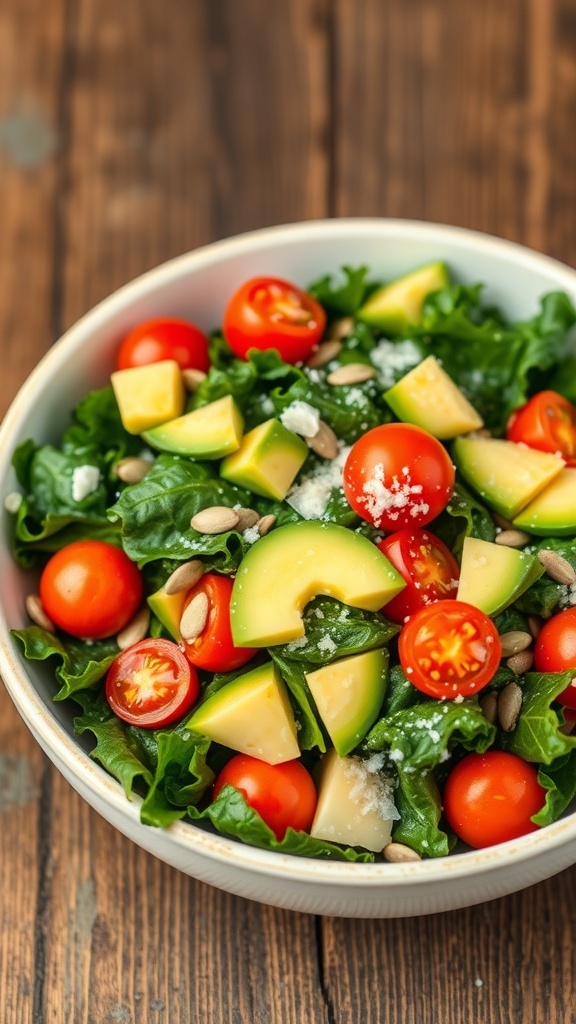 A colorful kale salad with cherry tomatoes, avocado, sunflower seeds, and Parmesan cheese on a rustic wooden table.